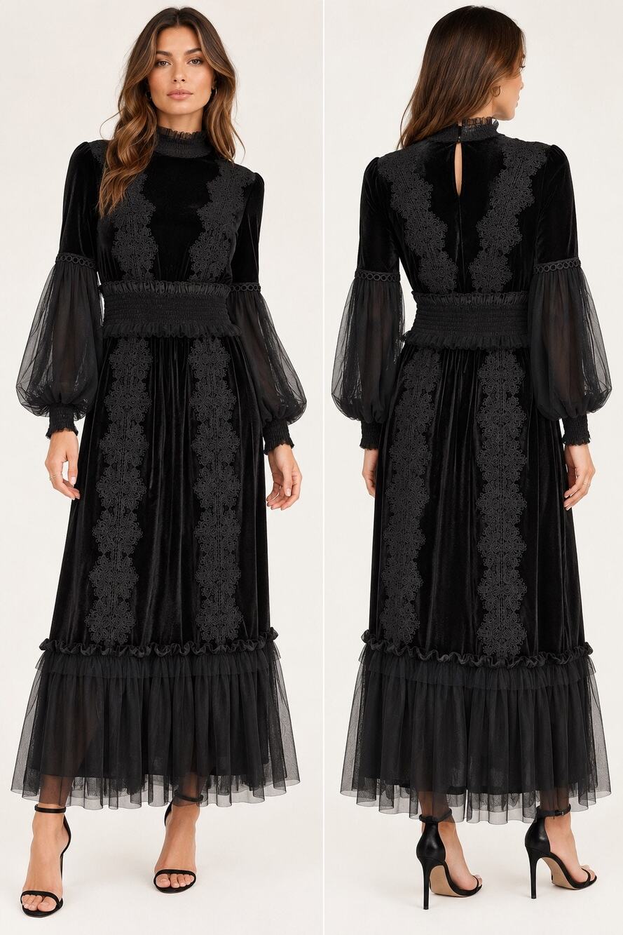TOV Los Angeles Black Velvet Lace Maxi Dress Size 38 US 6 Small Witchy Victorian